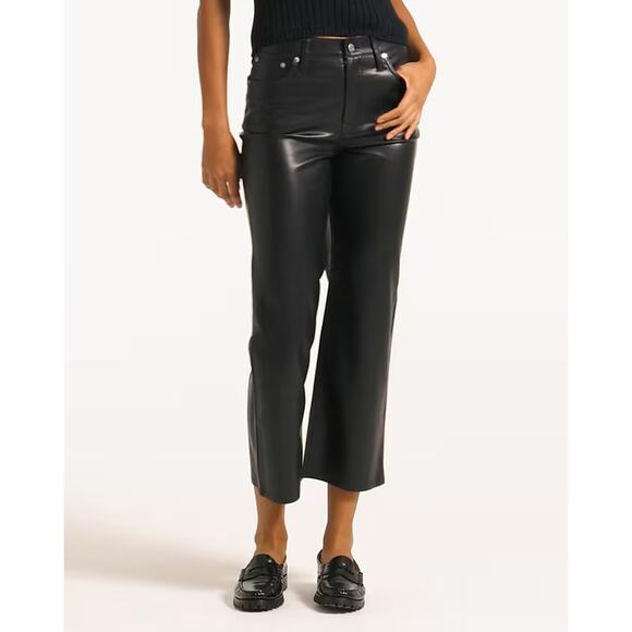J.Crew Slim Wide-leg Faux Leather Pants Womens 27P Black Mid-Rise Crop Stretchy - Picture 1 of 6